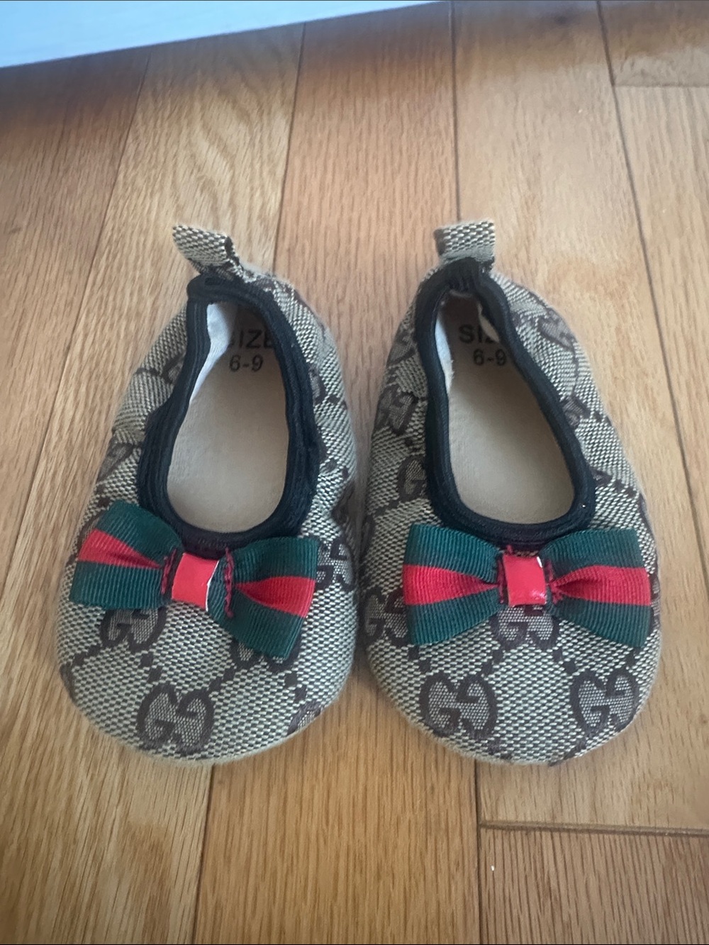 Kids Bow Ballet Flats in Beige/Brown with Green & Red Accent